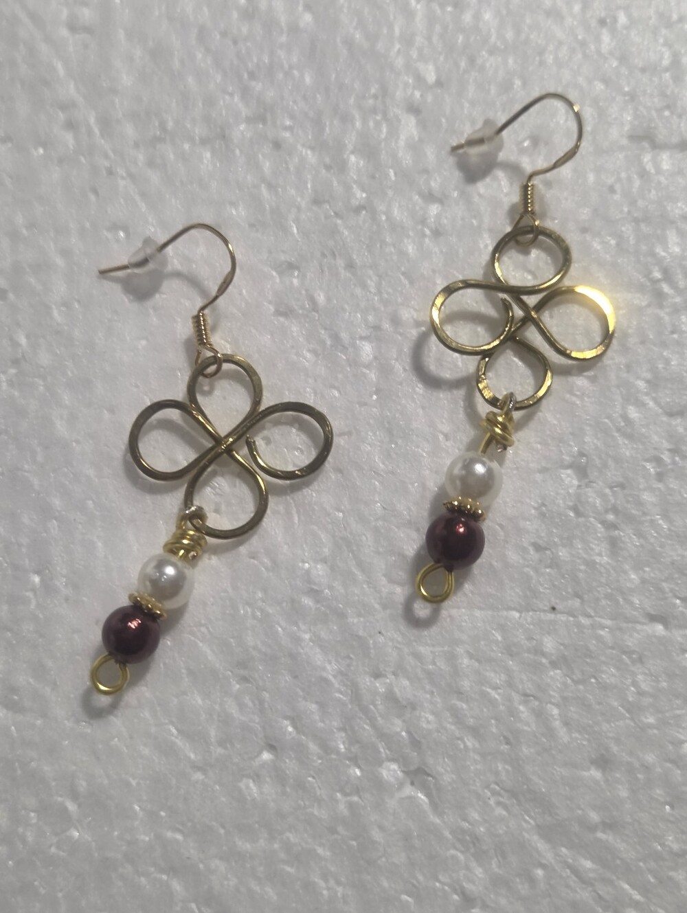 Handcrafted Gold Clover Dangle Earrings with Pearl and Maroon Bead